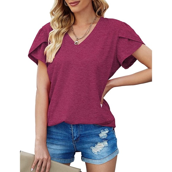 Elegant Tunic Top Petal Short Sleeve V-Neck Blouse Plus Size Purplish Red XL - Picture 2 of 5